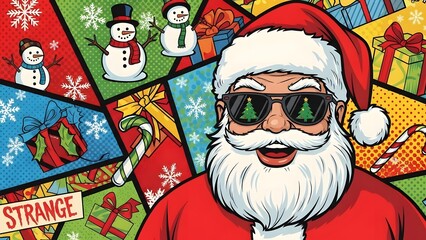 Festive reindeer in Santa hat holding gift, with bokeh Christmas lights in background