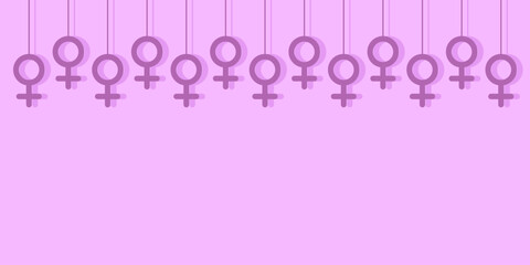Vector illustration of garland made from purple feminine symbols decorating the top of pink background. Clean modern layout with copy space, ideal for text, posters, branding, cards, social designs.