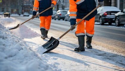 Street workers clearing snow with shovels on a winter day.