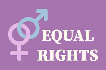 Horizontal vector illustration showing intertwined male and female gender symbols Text &ldquo;Equal rights&rdquo; on purple background. Concept of equality and unity. Symbol of the fight for equal women's rights