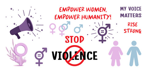 Vector element set focused on women rights Gender equality featuring male female silhouettes, gender symbols Megaphone Empowering slogans supporting strength, voice, equality and social awareness.