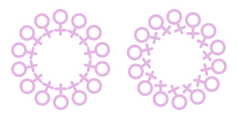 Vector set of circular wreath frames made of feminine symbols arranged in round composition. Clean elegant design Open center space, perfect for text, branding, posters, cards modern feminine projects
