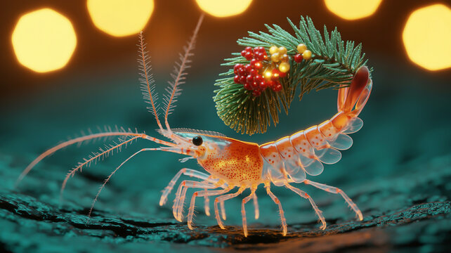 A whimsical translucent shrimp holds a festive christmas sprig against a bokeh background
