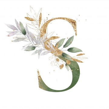 Letter S alphabet initial letter watercolor greenery foliage with line art delicate animation romantic illustrated alpha mask animation golden