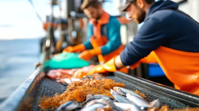 Close-up view of faceless fishermen sorting catch of fresh fish on boat, showcasing daily haul with protective gloves and vibrant orange jackets, commercial fishing vessel, with co