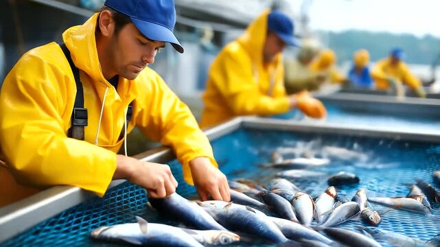 Faceless fishermen in yellow protective gear deftly sorting and processing fresh fish as icy water flows rapidly across dock, dynamic fishing operations, with copy space