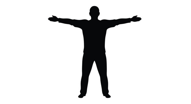 Full Body Silhouette of Man Standing with Arms Outstretched Horizontally on White Background, Representing Openness or Balance