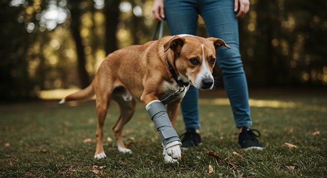 Injured dog with bandaged paw walking on grass next to owner in a park.