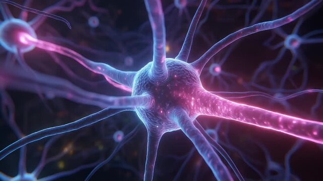 Abstract visualization of a neural network, depicting interconnected neurons firing and transmitting signals in the human brain