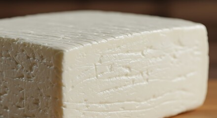 Fresh block of white cheese, close-up shot, dairy product.