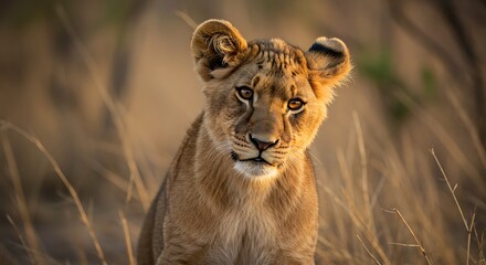 Obraz premium Majestic Lioness Portrait in Golden Hour Savannah Light.