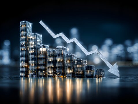 Cityscape formed by descending stacks shows a financial crisis with a falling arrow illustrating the economic downturn and market decline.