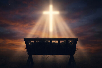 Holy cross light shining over empty manger at dusk sky, Christian nativity, Christmas hope and salvation concept.