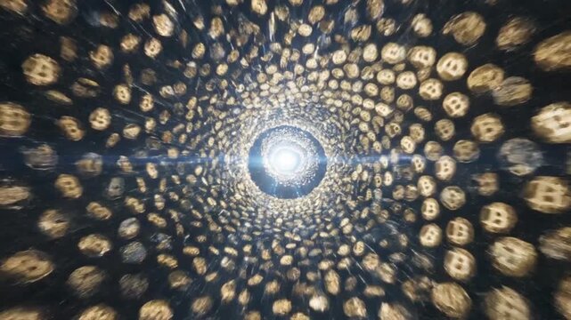 Abstract tunnel of glowing bitcoin symbols with central light source.