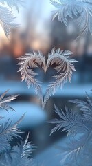 Frosty heart shape created by ice patterns on a window with a winter background at sunset
