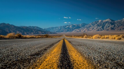 Wide open road stretches through desert landscape with mountains under clear blue sky in late afternoon light