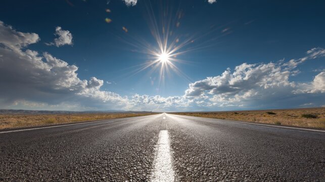 Wide open road stretches ahead under bright sun with blue sky and clouds in the distance on a clear day