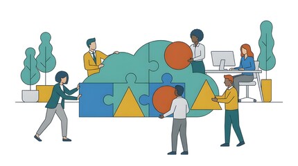 Business teamwork illustration showing diverse people collaborating to assemble a cloud-shaped puzzle with geometric pieces. Concept of collaboration, problem solving, innovation, cloud computing