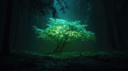 Bright tree stands alone in dark forest with light glowing from its leaves during nighttime in a secluded natural area