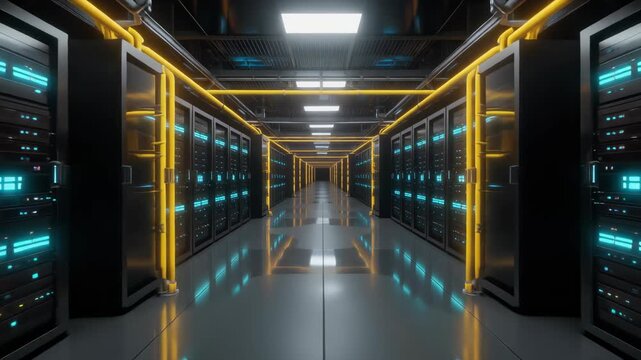 Illuminated server room aisle with glowing blue indicator lights and yellow piping, concept for data center infrastructure, network security solutions and cloud computing services