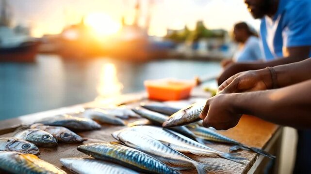 Fish being processed on bright morning at coastal fishing dock during golden hour, faceless workers handling catch, warm sunrise light, defocused harbor equipment, with copy space