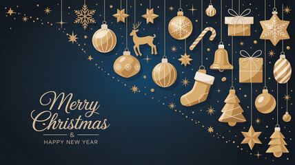 A merry Christmas greeting card design with a decorated Xmas tree, winter snowflakes, and gold star ornaments