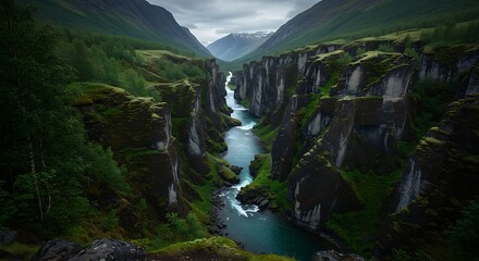 Dramatic River Canyon Carving Through a Lush Green Valley.
