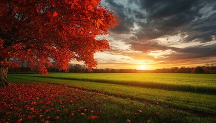 Breathtaking autumn landscape at sunrise or sunset featuring a large tree with vibrant red and orange foliage