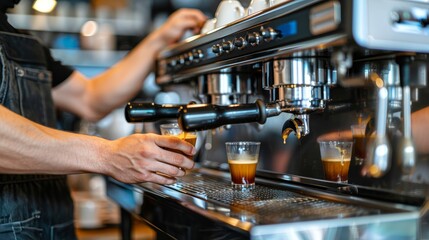 Barista serving coffee in a stylish caf with warm tones and minimalist design, inviting atmosphere