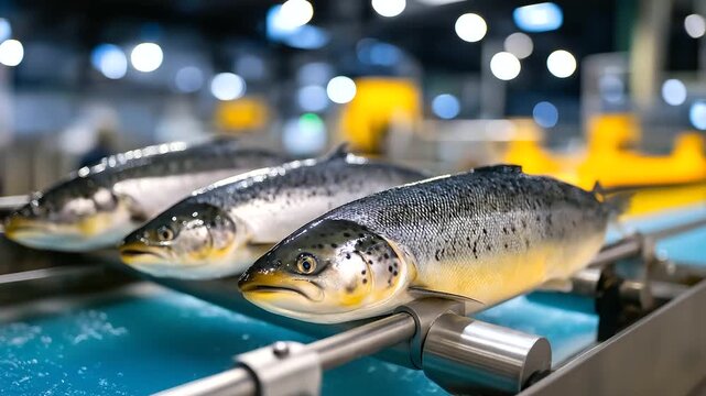 Fresh sea fish moving systematically along stainless steel conveyor belt in modern automated food processing plant, industrial seafood production machinery, efficient factory line,