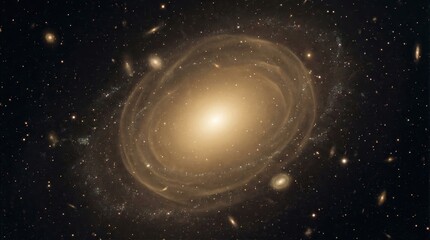 An astonishing spiral galaxy of golden colors shines amidst a universe of distant stars. The celestial wonder is filled with mystery and vastness