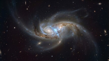 Captivating image of two spiral galaxies merging in the vast expanse of the cosmos. Their swirling arms, filled with stars, gas, and dust, create a breathtaking display of cosmic dance