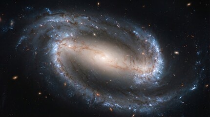 A spiral galaxy in deep space, featuring brilliant celestial bodies