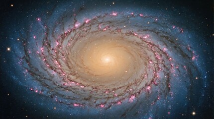 An Unveiling of the Spiral Galaxy's Beauty, Universe in All Its Glory. A celestial spiral galaxy displays a mesmerizing display of stars and cosmic dust