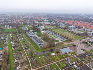 Aerial panoramic view of Noorderhoek residential district in Sneek