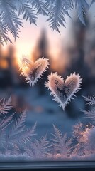 Frosty heart shapes on a window with beautiful ice patterns at sunset 