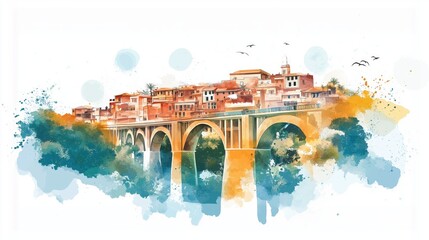 Constantine Bridge City. Constantine Bridge City hand drawn watercolor illustration on white background