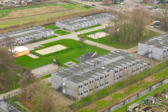 Aerial view of temporary asylum seekers center in Sneek Netherlands