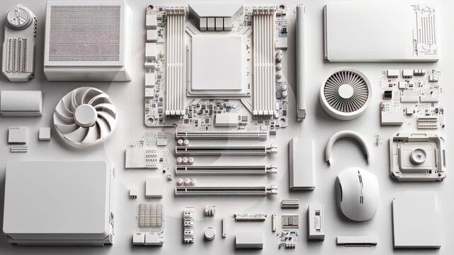 An overhead, minimalist, stark white still life. Composed with computer hardware and peripherals on a blank surface