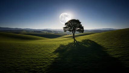 Lonely Tree under Full Moon in Rolling Hills