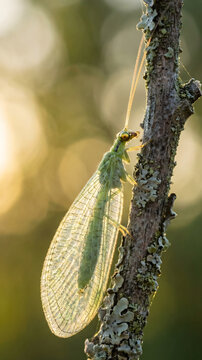 A delicate green lacewing fly resting vertically on a dry twig