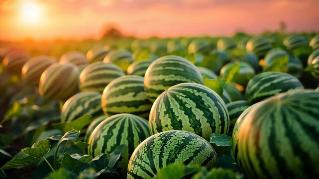 Close-up of watermelons growing in a field, bathed in the warm glow of a setting sun