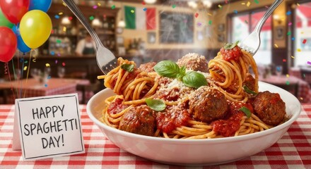 Delicious spaghetti dish with meatballs, garnished with fresh basil, served in a vibrant restaurant setting, celebrating a festive occasion with colorful balloons and cheerful atmosphere