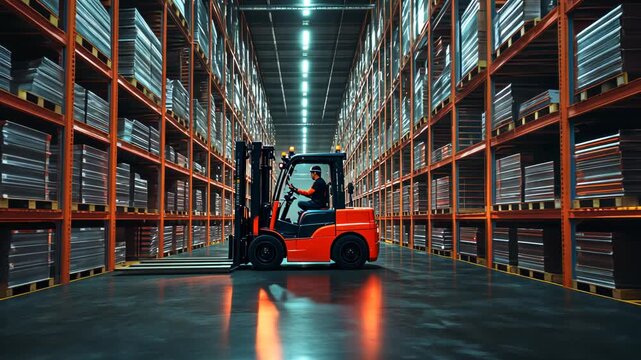 Warehouse scene with rows of shelving filled with packaged goods, an orange forklift, and an operator