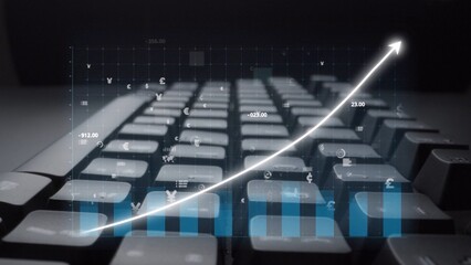 This image presents a creative visualization of financial data and growth trends overlaying a computer keyboard, symbolizing the relationship between technology and finance. Copula