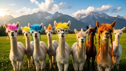 Happy cat party selfie Group of playful felines in festive hats capture a joyful celebration moment