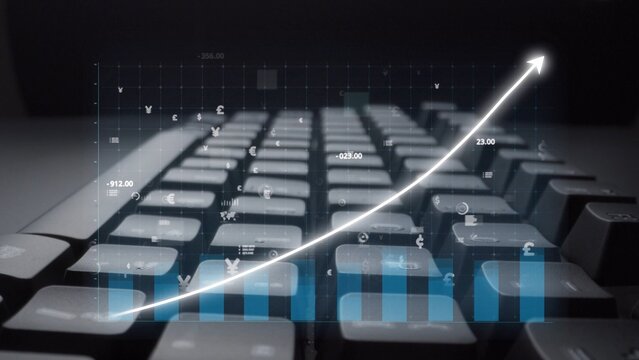 This image presents a creative visualization of financial data and growth trends overlaying a computer keyboard, symbolizing the relationship between technology and finance. Copula - Powered by Adobe