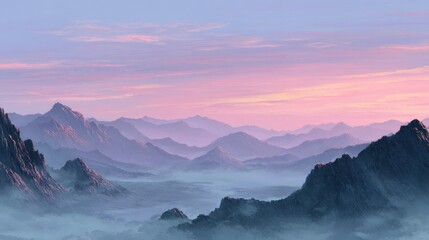 Mountains rise under soft light at dawn with layers of mist filling the valleys in a quiet landscape from early morning