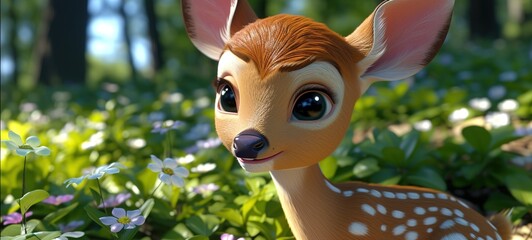 Adorable Cartoon Fawn in a Lush Green Forest with Colorful Flowers