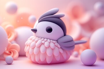 Adorable Cartoon Bird in Pastel Pink and Purple 3D Rendering Scene